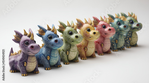 Row of Colorful Baby Dragon Figurines on White Background