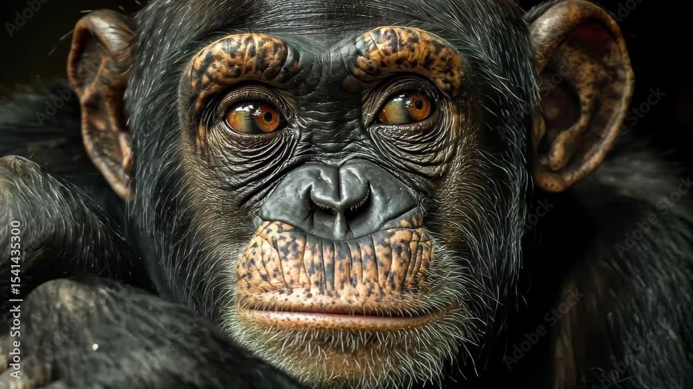 Thoughtful chimpanzee resting its head on hand while pondering in a natural setting, Thoughtful chimpanzee pondering, resting head on hand