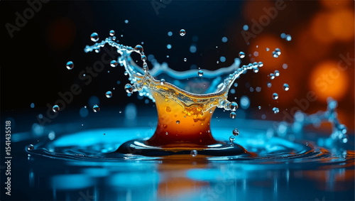 A striking, high-speed photograph capturing the moment of a water droplet impact, forming a vibrant crown splash. The water at the base and in the surrounding ripples is a rich, deep blue, 