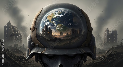 Post-Apocalyptic World Reflection in a Soldier's Helmet