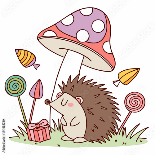 Creative SVG: Sleepy Hedgehog with under a mushroom in a Candy Shop colored Birthday theme