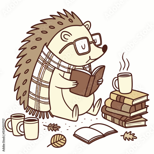 Playful Bashful Hedgehog design, styled with wearing glasses and Cozy Reading shades in a Bookworm Day setting