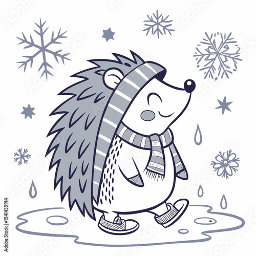 Playful Hedgehog with splashing in puddles, set in a charming Cozy winter theme – Frosty Winter color vector art