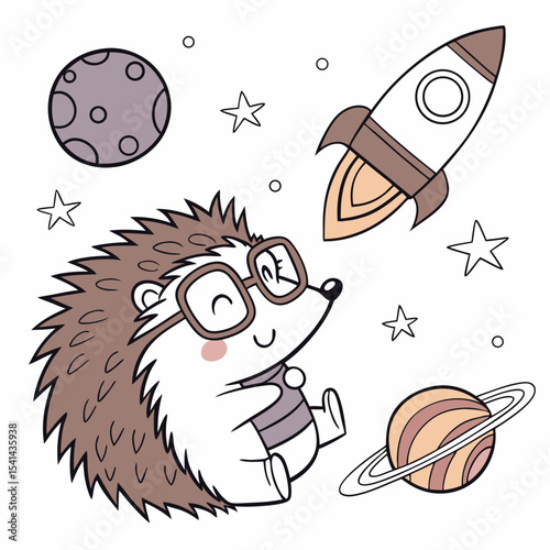 Charming SVG of a Bashful Hedgehog featuring wearing glasses, styled in a Space explorer theme with Cosmic Pastels hues
