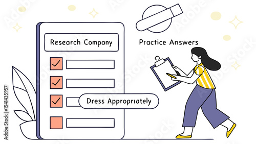 Checklist for research company with woman reviewing practice answers and dressing appropriately for work interview