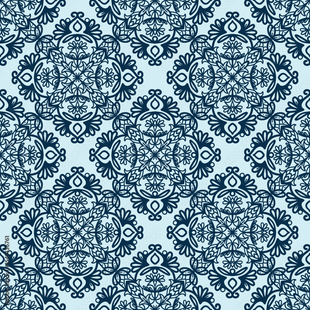 Fototapeta premium 250640 blue line scribble repeat pattern, seamless floral scribble pattern background, motifs floral hand drawn, scribble style, ogee pattern, design for seamless floral pattern, printing, wrapping,