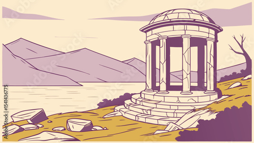 Illustration of a gazebo on the shore of a lake