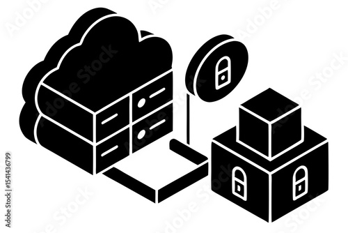3D Isometric Cloud Server with Data Arrows & Secure Lock - Modern Cloud Computing Security