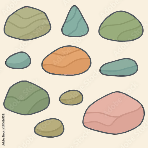 Stylized Stone Elements: A collection of various uniquely shaped stones. Featuring muted colors, organic lines, and a minimalist style for versatile creative uses.