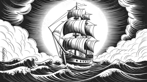 A monochrome drawing of a ship sailing on a stormy sea with large waves