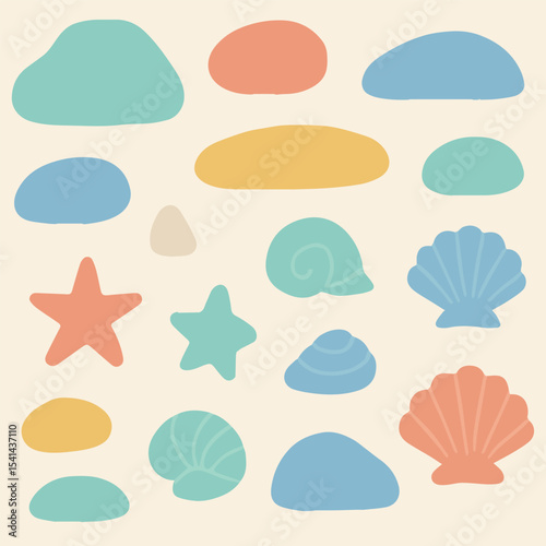 Seashells and Pebbles: A delightful array of colorful seashells and smooth pebbles, artfully arranged in a harmonious pattern, evoking a sense of the seaside.