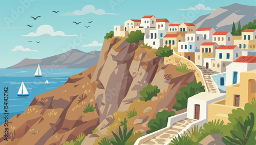 Coast of the island of Santorini. Vector illustration.