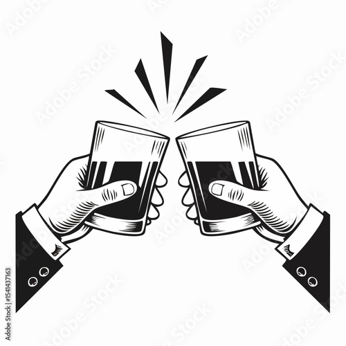Hands cheers toast with whiskey or bourbon glasses Vector  image on white background.
