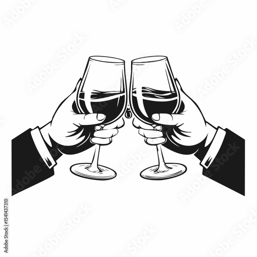 Hands cheers toast with whiskey or bourbon glasses Vector  image on white background.
