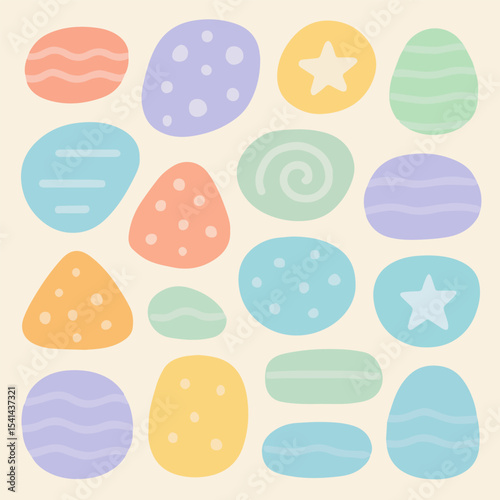 Abstract Colorful Stone Composition: A captivating arrangement of abstract, pastel-colored stones with unique patterns and shapes, offering a delightful blend of artful design and whimsical charm.