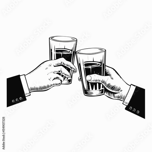 Hands cheers toast with whiskey or bourbon glasses Vector  image on white background.