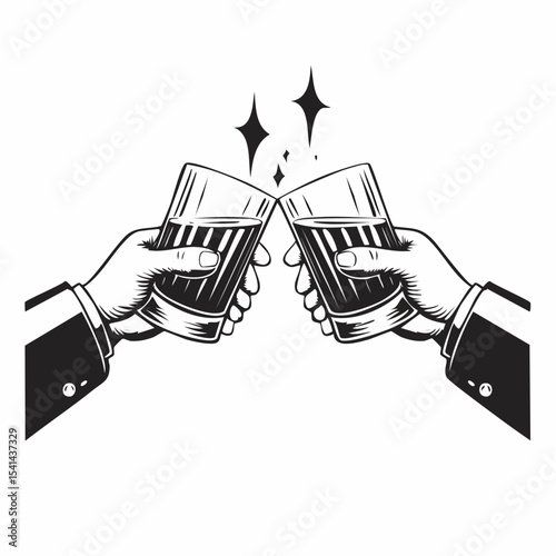 Hands cheers toast with whiskey or bourbon glasses Vector  image on white background.