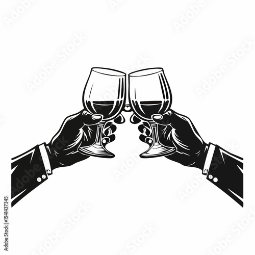 Hands cheers toast with whiskey or bourbon glasses Vector  image on white background.