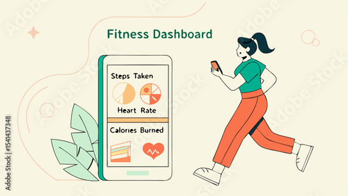 Illustration of a woman running with a phone showing fitness dashboard with steps heart rate and calories