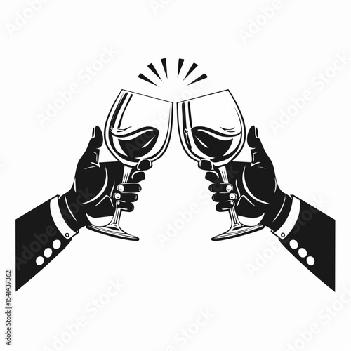 Hands cheers toast with whiskey or bourbon glasses Vector  image on white background.