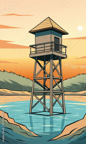 Vector illustration of a wooden lookout tower in the middle of the river.