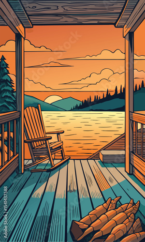 Wooden deck on the lake in the mountains at sunset. Vector illustration