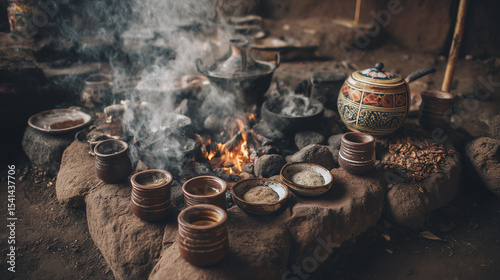 A rustic Ethiopian coffee ceremony with traditional cups, open fire, and warm smoke Keywords: Ethiopia, ceremony, coffee, rustic, tradition, fire, smoke, cups, cultural, earthy