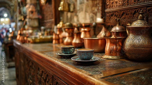 A traditional Turkish coffee shop with ornate decor and copper pots, Istanbul street scene Keywords: Turkish, coffee, copper, ornate, Istanbul, tradition, street, aroma, culture, c
