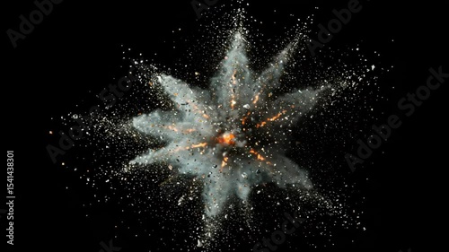 Slow motion abstract dust explosion with fire particles on a black background