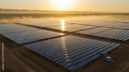 Solar panel farm at sunrise with a thin layer of fog covering the ground for clean energy