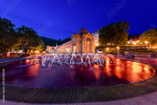 Marianske Lazne (Marienbad) - Main colonnade and singing fountain at night - center of great famous Bohemian spa town in the west part of the Czech Republic (region Karlovy Vary)