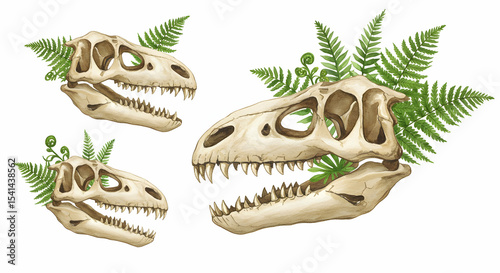 Three Dinosaur Skulls Adorned with Lush Ferns Prehistoric Era Fossils