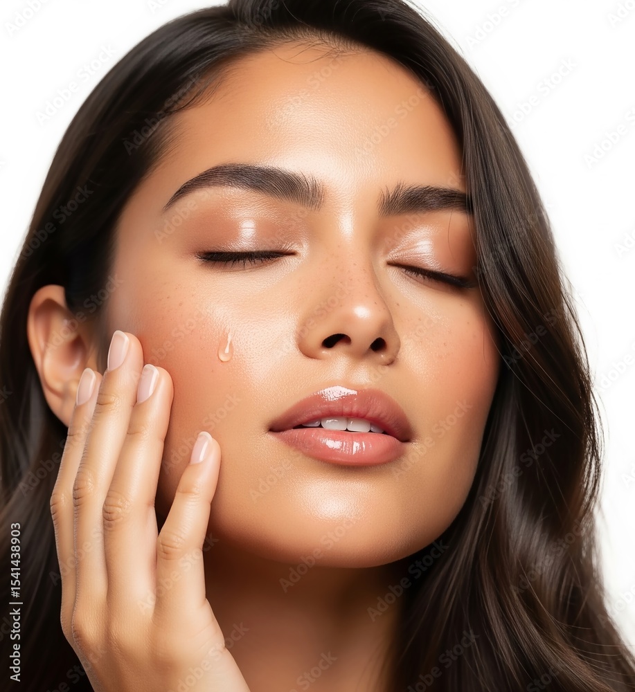 Close-up of a radiant Latina model with dewy, glowing skin gently touching her face. Soft light and minimal makeup evoke premium skincare and hygge calm. Studio shot on white background. Close-up of a radiant Latina model with dewy, glowing skin gently touching her face. Soft light and minimal makeup evoke premium skincare and hygge calm. Studio shot on white background.