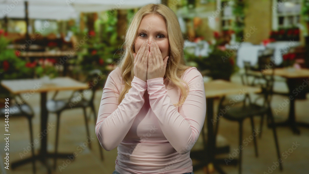 Fototapeta premium Young blonde woman in pink top playfully covers her face and smiles at a restaurant with outdoor tables and vibrant foliage.