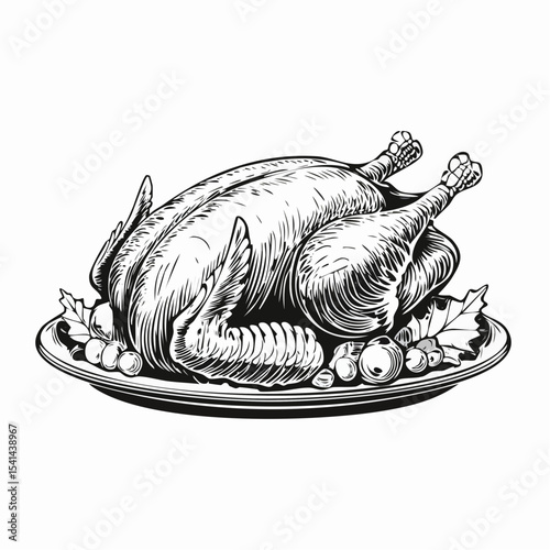 Roasted Turkey Christmas And Thanksgiving Day Image Vector Isolated on white Background.