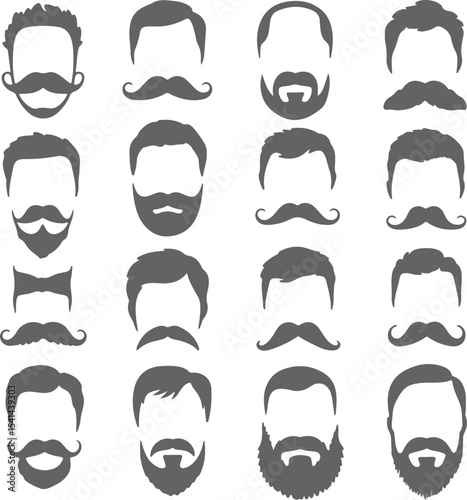 Collection of Gray Silhouette Icons Depicting Various Mens Hairstyles Mustaches and Beards on White Background