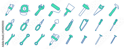 Construction tools vector icon set. Adjustable wrench, brush, roller, hammer and nails. Screw, nut and bolt. Tape measure, screwdriver, putty knife, saw, pliers and wire cutters