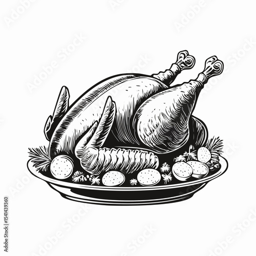 Roasted Turkey Christmas And Thanksgiving Day Image Vector Isolated on white Background.