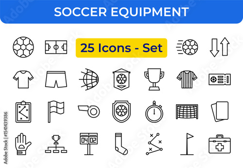 Soccer Equipment Vector Icon Set - Line Icons - Editable Stroke - Ball, field, jersey, shorts, globe, badge, trophy, shirt, ticket, tactical board, flag, whistle, shield, stopwatch, goal net, cards