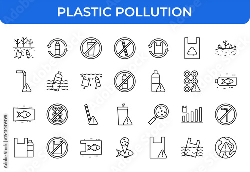 Plastic Pollution Vector Icon Set - Line Icons - Editable Stroke - Trash, bottle, recycle, no plastic, straw, ocean, bag, fish, cleaning, waste, microplastic, research, growth, warning icons