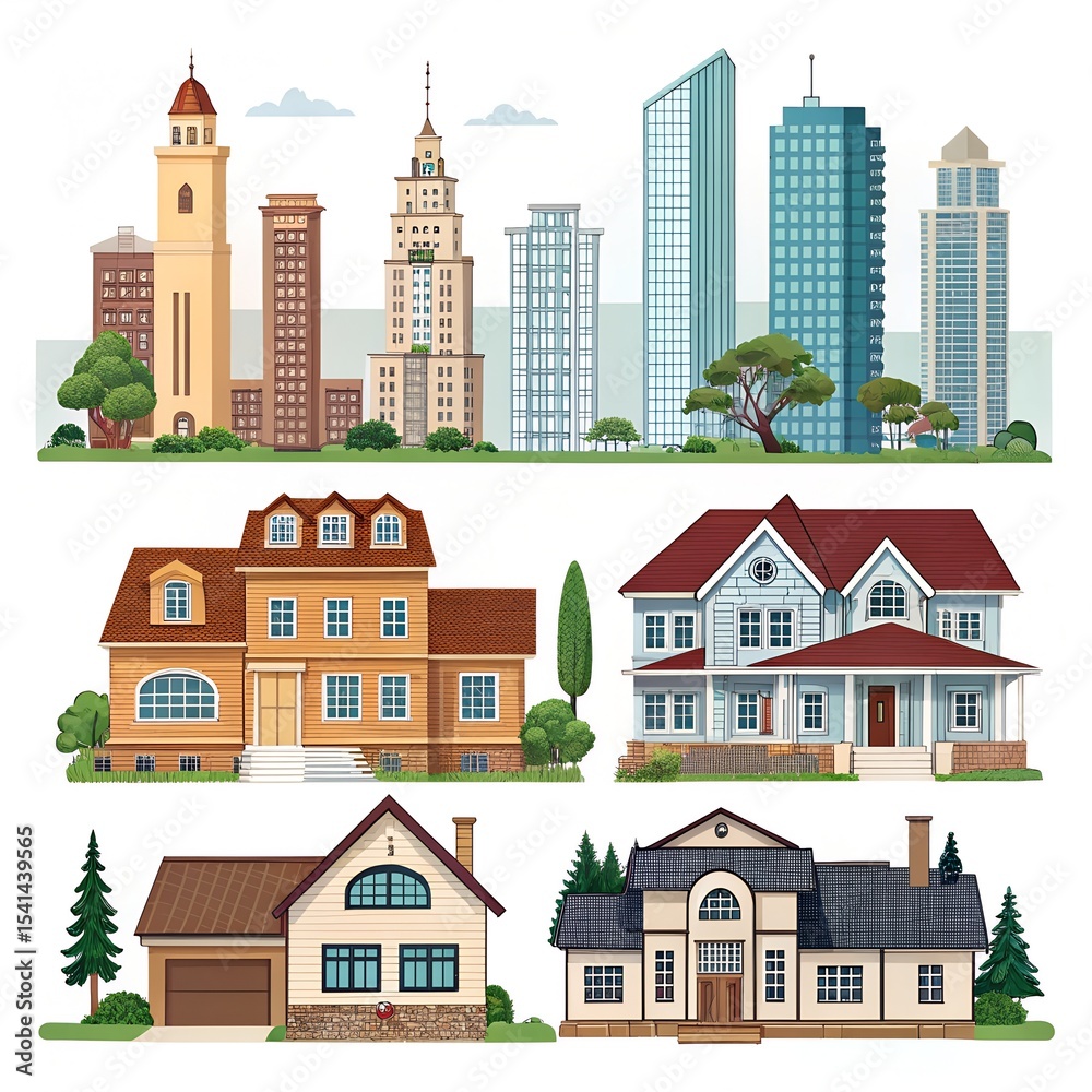 Fototapeta premium Diverse Architectural Buildings and Houses Illustration Set