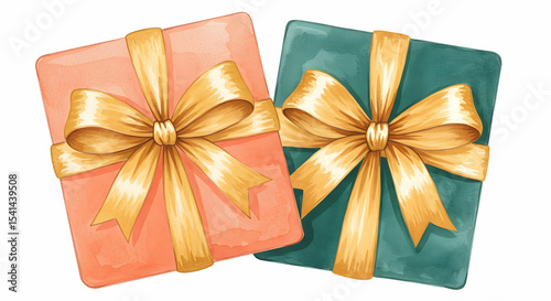 Two Watercolor Gift Boxes with Golden Ribbons Festive Presents