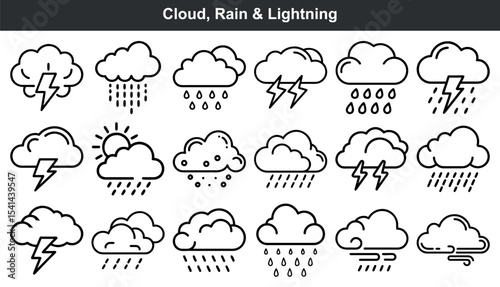 Black and White Cloud Weather Icons Rain Lightning Sun