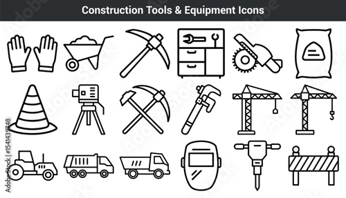 Construction Tools Equipment Icons Black White Line Art Set