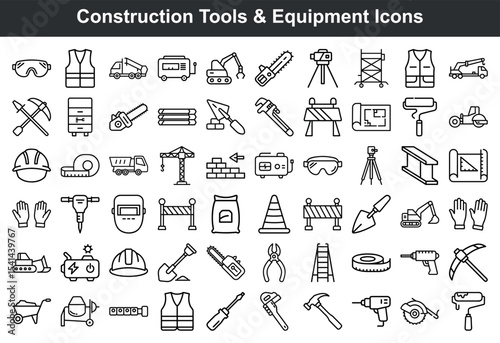 Construction Tools Equipment Icons Black White Line Art Set 2
