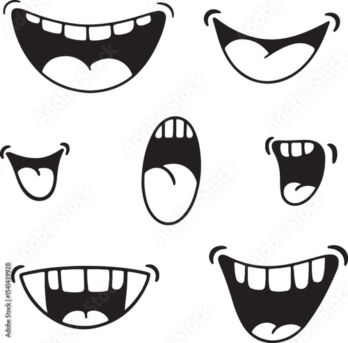 Collection of Six Cartoon Mouth Silhouettes Showing Various Expressions Including Smiling Open Mouths with Teeth Showing and a Silhouette of a