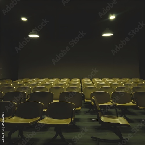 Empty rows of seats swaying gently with the motion, overhead lights flickering.
