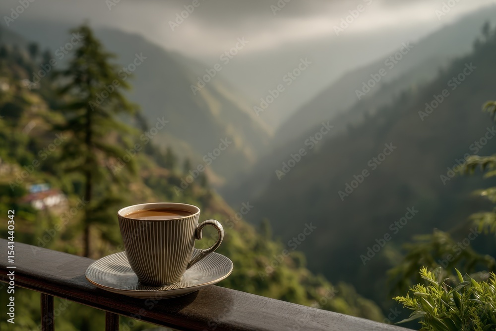 A cup of coffee with a stunning mountain view, a perfect way to start the day, surrounded by lush green trees and a tranquil atmosphere, beautiful and peaceful. A cup of coffee with a stunning mountain view, a perfect way to start the day, surrounded by lush green trees and a tranquil atmosphere, beautiful and peaceful.