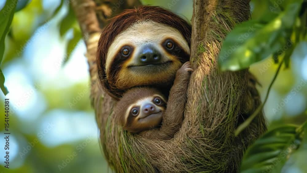 A sloth lovingly holds its baby while hanging from a tree, creating a heartwarming display of maternal care.