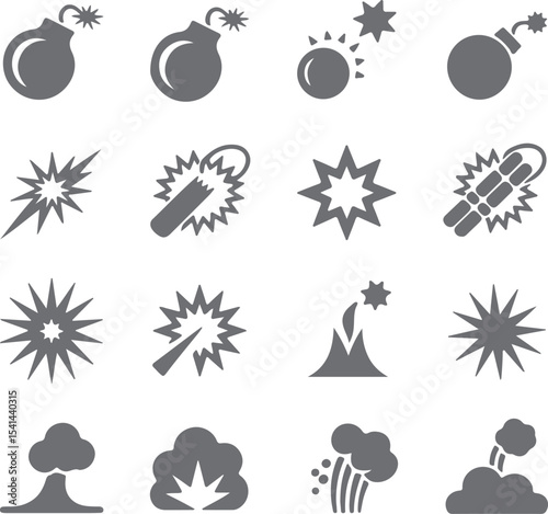 Grey Silhouette Icons Set Explosions Bombs Fireworks Volcanic Eruption Smoke Cloud Burst Starburst Flash